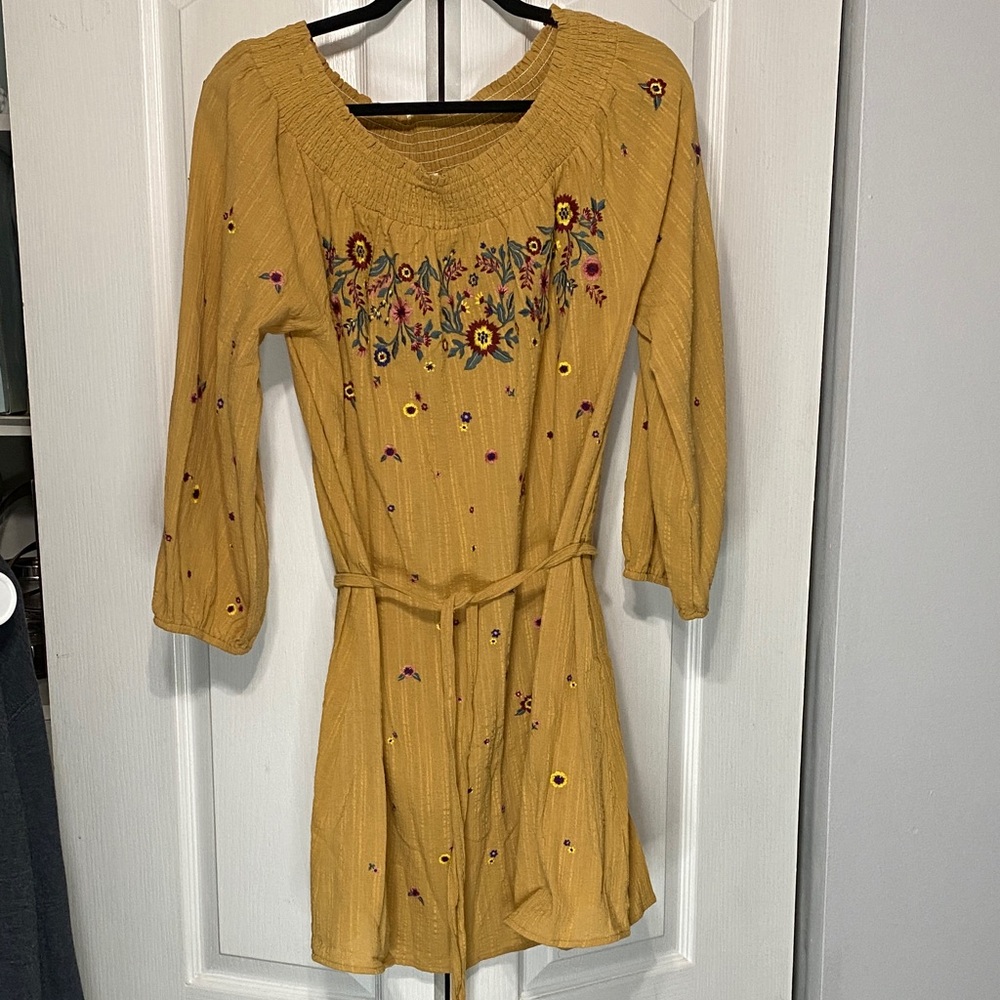 Umgee Mustard Dress with Floral Embroidered Details size L
